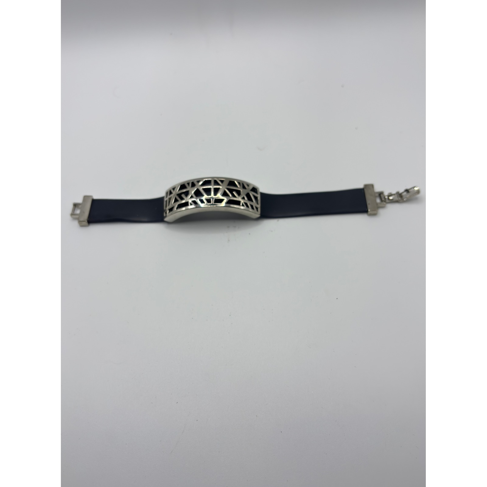 Nine & Company Silver Tone Geometric Lattice Black Band Cuff Bracelet 7 Inch